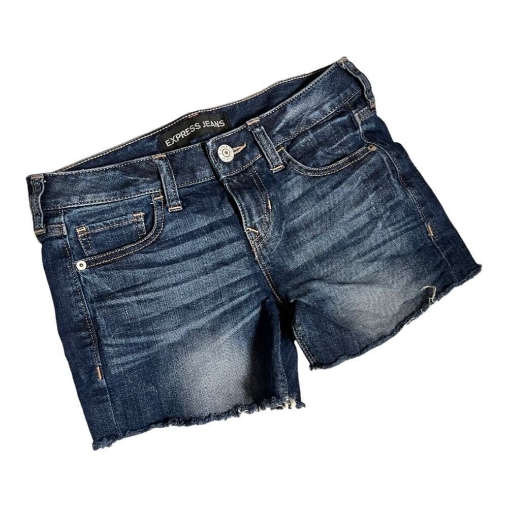 Womens Express Dark Wash Raw Hem Denim Jean Shorts - Sz 00